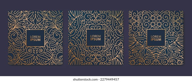 Vector set of swirl hand drawn ornate cards, luxury cover templates, square line patterns. Use for package, placards, banners, flyers, invitations and cards. Vintage style