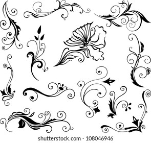 Vector set of swirling decorative floral elements ornament for design