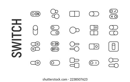 Vector set of switch thin line icons. Design of 20 stroke pictograms. Signs of switch isolated on a white background.
