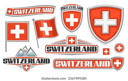 Vector Set for Switzerland, collection of cut out illustrations decorative switzerland tags and red flags with flagpole, group of different horizontal signs with text switzerland on white background