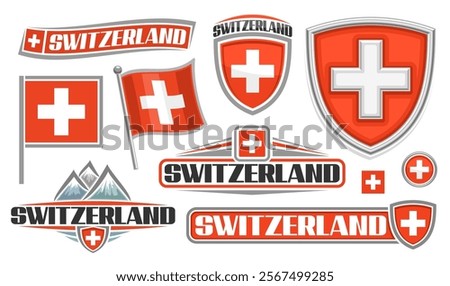 Vector Set for Switzerland, collection of cut out illustrations decorative switzerland tags and red flags with flagpole, group of different horizontal signs with text switzerland on white background