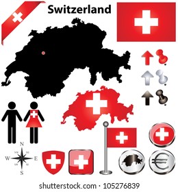 Vector set of Switzerland country shape with flags, wind rose and icons isolated on white background