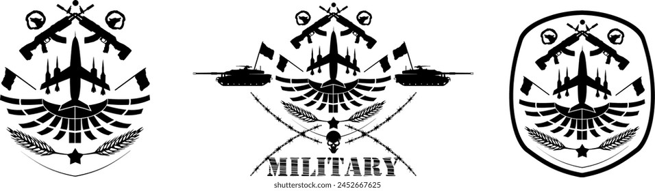 Vector Set Symbol Silhouette Label - Militar con avión de combate, ametralladora, tanque y alas - Honor y orgullo - Despliegue militar - Colección de Elementos de diseño