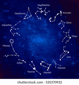 Vector. Set of symbol zodiac sign, constellations, icons of the beautiful bright stars with titles on the starry sky background. Glowing lines and points. Star chart, map