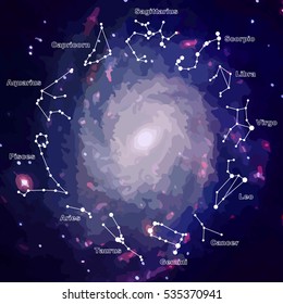 Vector. Set of symbol zodiac sign, constellations, icons of the beautiful bright stars with titles on the starry sky background. Glowing lines and points. Star chart, map