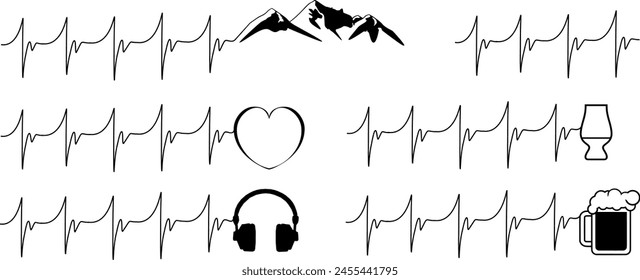 Vector set symbolic representation - heartbeat with different objects - passion love hobby