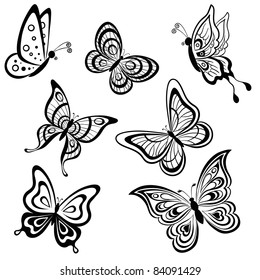 Vector, set symbolical butterflies, hand-draw monochrome contours on a white background