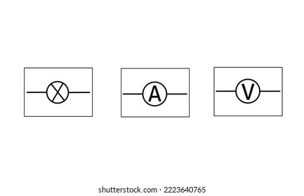 vector set of symbols, electrical symbols or their circuits with square frames. For electronic circuit label, electrical icon or symbol, isolated on white background.