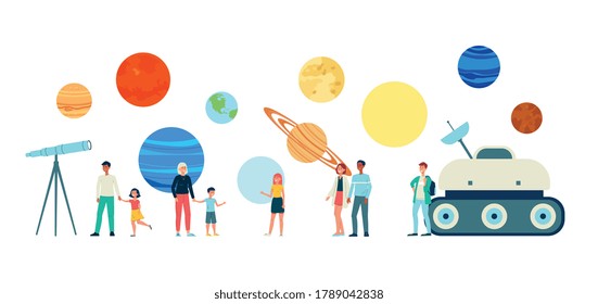 Vector set of symbols and exhibits of the planetarium, astronomical education and people. Flat vector isolated illustrations.