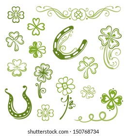 Vector set with symbols of happiness. Colorful shamrocks and horseshoe.