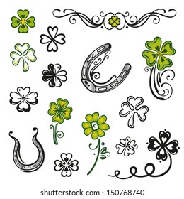 Vector set with symbols of happiness. Colorful shamrocks and horseshoe.