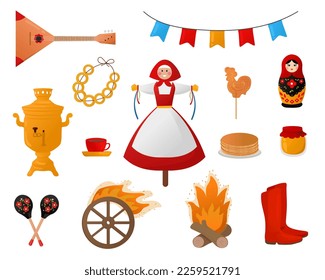 Vector set of symbols for Maslenitsa. Vector illustration in cartoon style.