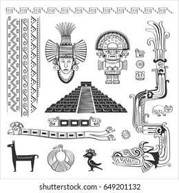 Vector set of symbols, patterns, deities of the Indians of South America. Black and white graphics.