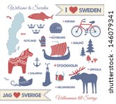 Vector set with symbols of sightseeings and landmarks of Sweden and map