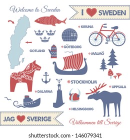 Vector set with symbols of sightseeings and landmarks of Sweden and map