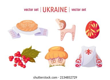 Vector set of symbols of Ukraine. Bread with a towel (rushnyk). Guelder rose. Ukrainian house. Embroidery. Pysanka.Cheese horse.