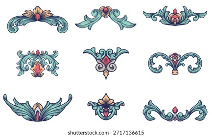 Conjunto de Vector de diseño decorativo de adorno barroco simétrico. Antiguas florece en los Elementos de Decoraciones. Barroco, arabesco, damasco, victoriano, patrón de hojas florales, filigrana elegante ornamental