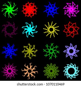 Vector set of symmetrical circular ornaments of bright colors for the design of summer cards. For decoration of clothes and fabrics for girls.