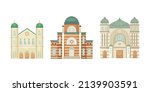 Vector set of synagogue illustrations. Religious architectural building. Flat style
