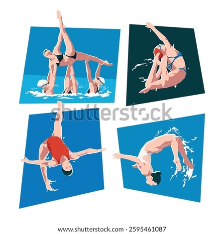 Vector set of synchronized swimming. Artistic swimming, water sport. Flat vector illustration.