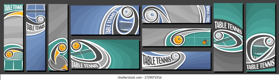 Vector set of Table Tennis Banners, vertical and horizontal decorative templates for table tennis events with illustration of flying on curve trajectory cartoon table tennis ball on grey background.