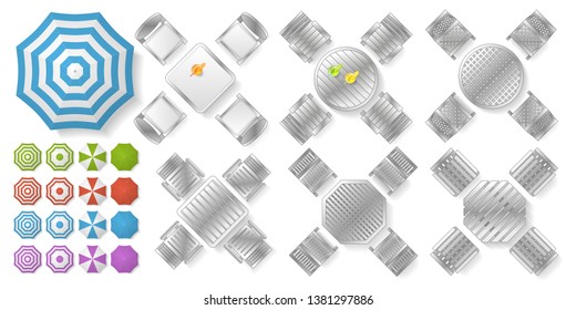 Vector set. Tables with chairs and umbrellas. Top view. Collection of outdoor furniture. View from above.