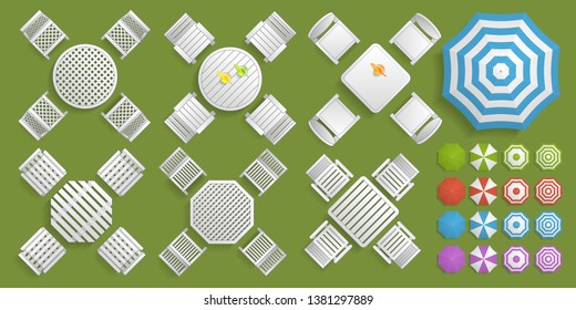 Vector set. Tables with chairs and umbrellas. Top view. Collection of outdoor furniture. View from above.