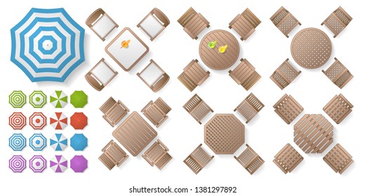 Vector set. Tables with chairs and umbrellas. Top view. Collection of outdoor furniture. View from above.