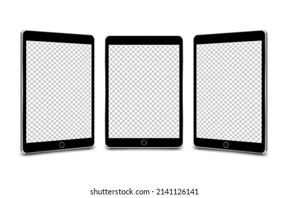 Conjunto vectorial de maquetas de tabletas desde diferentes ángulos. Comprimido de simulación, dispositivo de tecnología, tableta de pantalla en blanco. Pantalla vacía. Papúa Nueva Guinea.