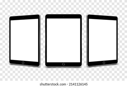 Conjunto vectorial de maquetas de tabletas desde diferentes ángulos. Comprimido de simulación, dispositivo de tecnología, tableta de pantalla en blanco. Pantalla vacía. Papúa Nueva Guinea.