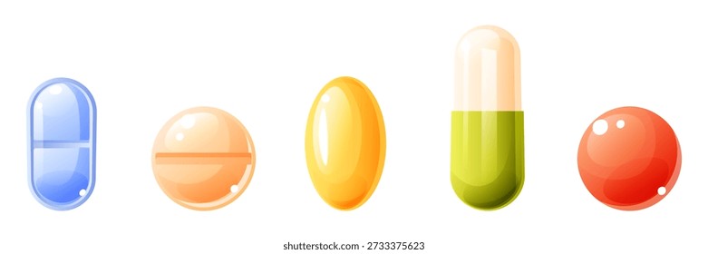 Vector set of tablets of various shapes and types, including tablets and capsules without packaging. Tablet, Meltlet, Softgel or Gelcap, Capsule, Caplet, Effervescent tablet