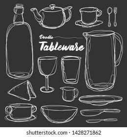 Vector set of tableware in hand draw doodle style. Drawing with white line on black background.