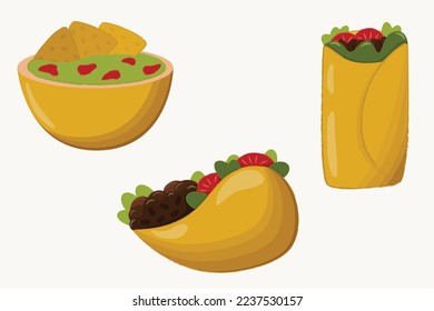 Vector set of tacos, burritos and guacamole with nachos on light background. Latin american food
