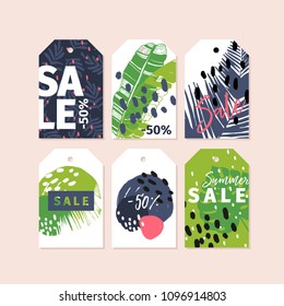 Vector set of tag badges. Summer sale. Tropical trendy theme. Palm leaves, brush spot. Business promotion, discount banner, offer flyer, online shopping, advertisting coupon, newsletter.