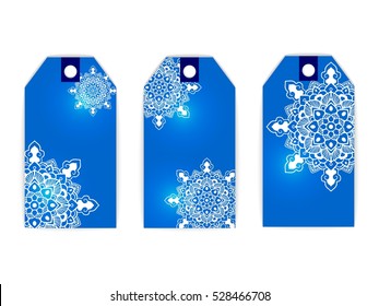 vector set tag greeting invitation card winter mandala white snowflake glow blue background