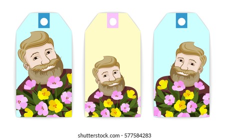 vector set tag illustration of a bearded man with a mustache presses a bouquet of flowers and smiling isolated on blue and yellow background