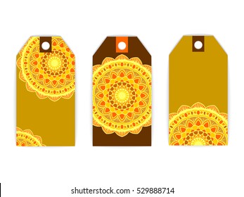 vector set tag invitation greeting card mandala sun brown yellow ethnic sing symbol