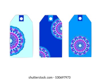 vector set tag invitation greeting card mandala blue violet ethnic sing symbol