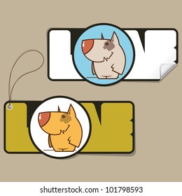 Vector set of tag and sticker with cartoon dog.