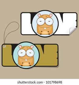 Vector set of tag and sticker with cartoon hamster