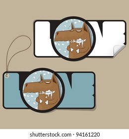 Vector set of tag and sticker with cartoon wolf.