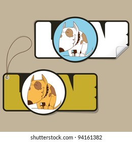 Vector set of tag and sticker with cartoon dog.