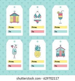 Vector set of tag templates. Summer beach huts, cocktails, swimsuits and tropical fruits. For greeting cards, brochures, tags and labels, souvenirs, gifts decoration and sales design, scrapbooking.