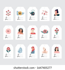 Vector set of tags. 8 march, International Women's Day. Vector template with lettering design, text, women and flowers.