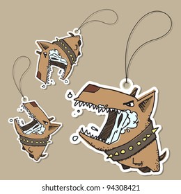 Vector set of tags with angry cartoon dog.