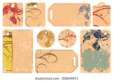 Vector set: Tags with a beautiful girl.