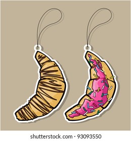 Vector set of tags with cartoon croissant.