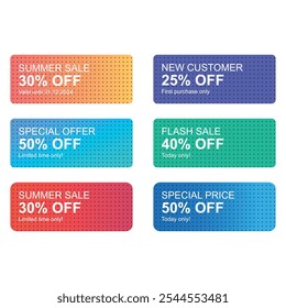 Vector set of tags of different designs, shapes and colors for sale with the inscription Summer Sale, Special Offer, New Customer, Flash Sale, Special Price on a white background