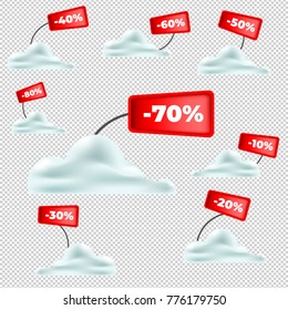 Vector set of tags with discounts. Drifts and plaques on a transparent background.