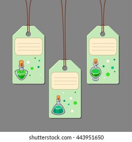 Vector set of tags with green cartoon bottles and spots. Cute labels illustration. Magic liquid